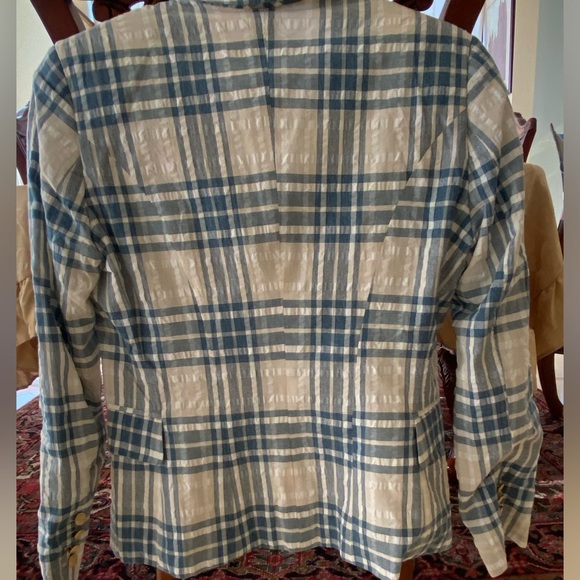 Olivvi NWT Cream and Blue Fitted Plaid Blazer  Jacket ,Gold Logo Button ,Size L - Picture 6 of 13